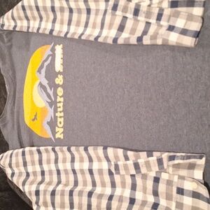 Upcycled Graphic T-Shirt With Plaid Sleeves